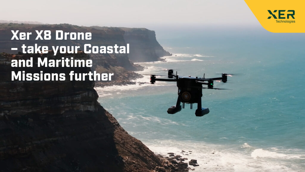 The Xer X8 Maritime Drone flying along the rugged portuguese atlantic coast